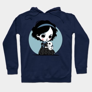 Cure cartoon girl holding a skeleton doll under a crescent moon Hoodie